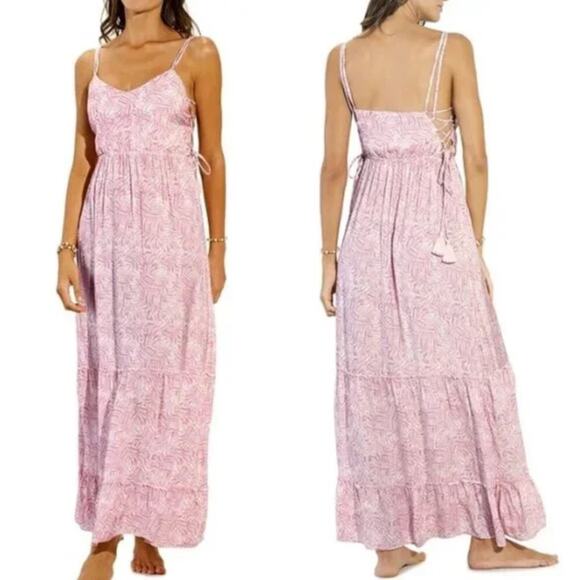 Maaji Dresses & Skirts - Maaji Nicole Palm Print Lace-Up Maxi Dress Pink Tassel Tiered Tropical Size S